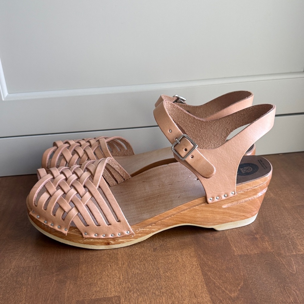 Troentorp Swedish clogs Anna tan leather wood Wedge Sandals - Picture 3 of 8